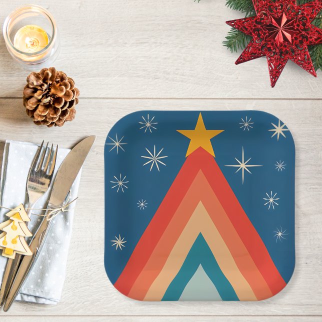 Minimalist Red & Blue Retro Groovy Christmas Tree  Paper Plates (Creator Uploaded)