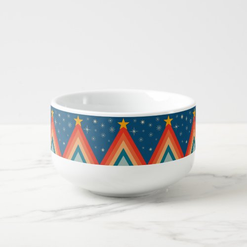 Minimalist Red  Blue Retro Groovy Christmas Tree Soup Mug