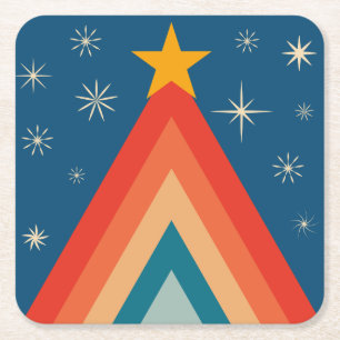 Minimalist Red & Blue Retro Groovy Christmas Tree Square Paper Coaster