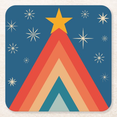 Minimalist Red  Blue Retro Groovy Christmas Tree  Square Paper Coaster