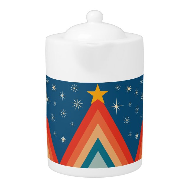 Minimalist Red & Blue Retro Groovy Christmas Tree Teapot (Front)