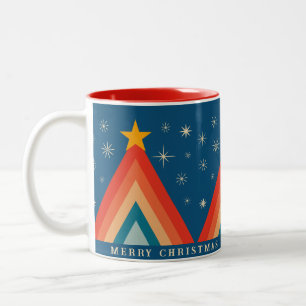 Minimalist Red & Blue Retro Groovy Christmas Tree Two-Tone Coffee Mug