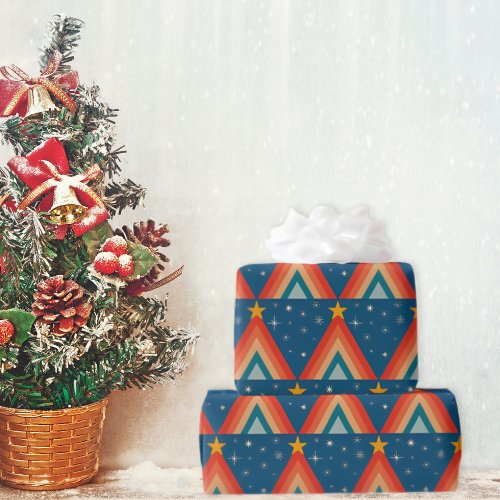 Minimalist Red  Blue Retro Groovy Christmas Tree  Wrapping Paper