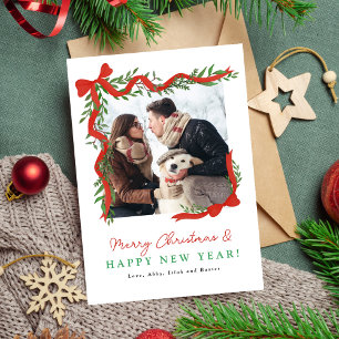 Minimalist Red Bow and Greenery Holiday Photo Card