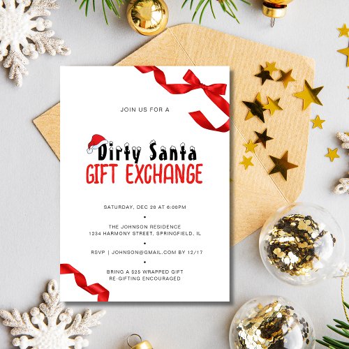 Minimalist Red Bow Dirty Santa Gift Exchange Invitation