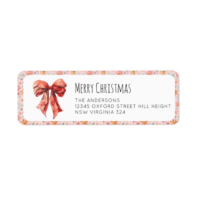 Minimalist Red Bow Floral Christmas Label (Front)