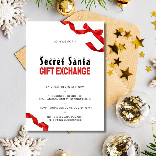 Minimalist Red Bow Secret Santa Gift Exchange Invitation
