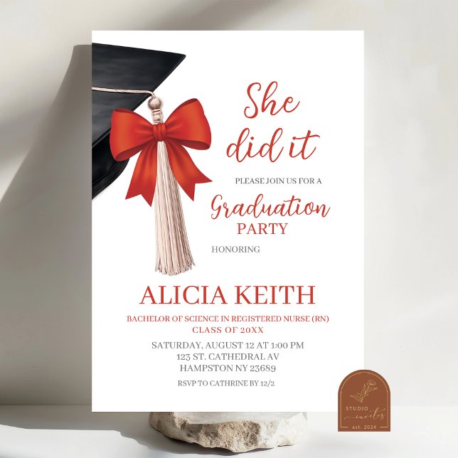 Minimalist Red Bow Tassel Graduation party Invitat Invitation (Creator Uploaded)