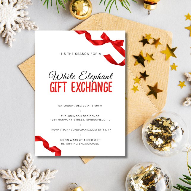 Minimalist Red Bow White Elephant Gift Exchange Invitation (Minimalist Red Bow White Elephant Gift Exchange Invitation)