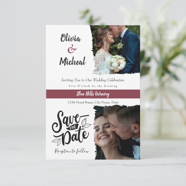 minimalist Red Burgundy save the date 2 photo  Invitation (Standing Front)