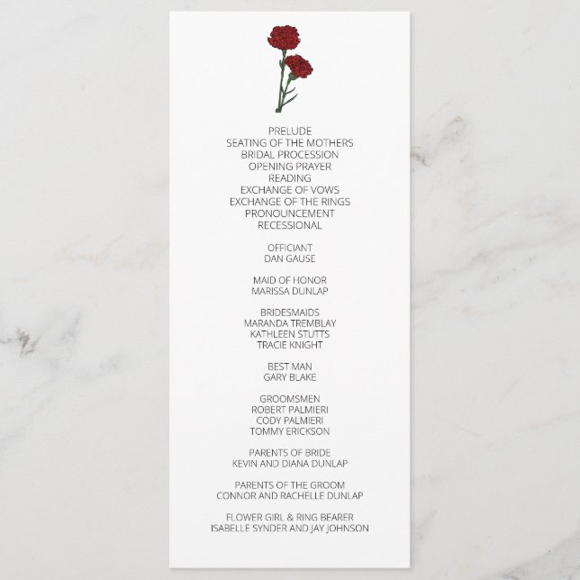 Minimalist Red Carnations Wedding Program (Front)