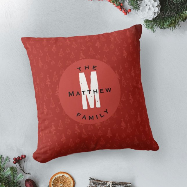 Minimalist Red Christmas Tree Family Holiday Throw Pillow (Creator Uploaded)