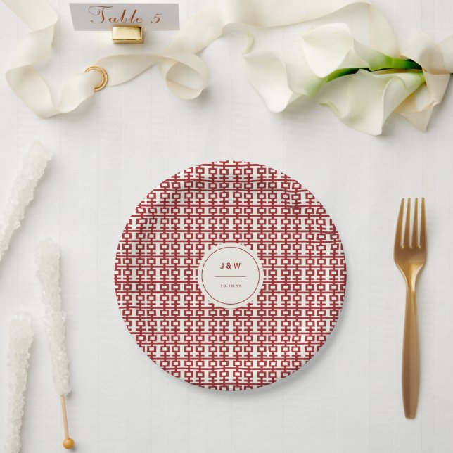 Minimalist Red Double Happiness Chinese Wedding Paper Plates (Wedding)