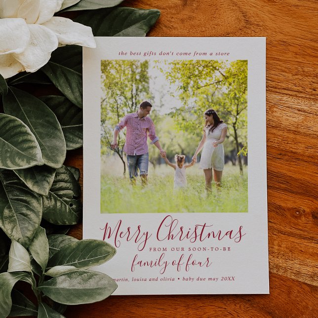 Minimalist Red Family of Four Pregnancy Photo Holiday Card (Creator Uploaded)