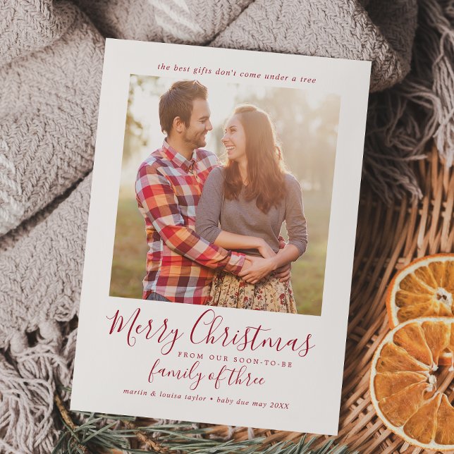 Minimalist Red Family of Three Pregnancy Photo Holiday Card (Creator Uploaded)