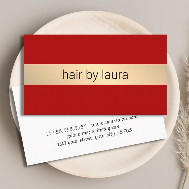 Minimalist Red Faux Gold Stripe Hairdresser Business Card (Creator Uploaded)