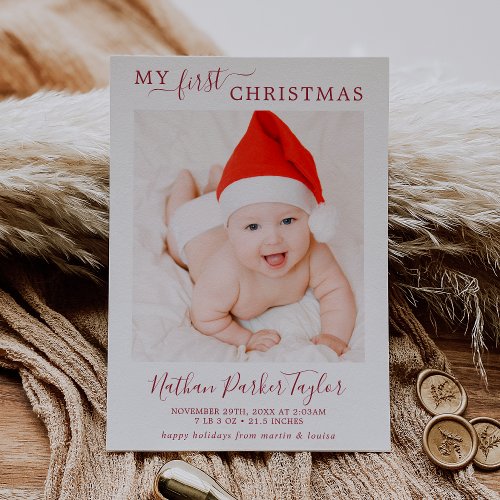 Minimalist Red First Christmas Baby Birth Photo Holiday Card