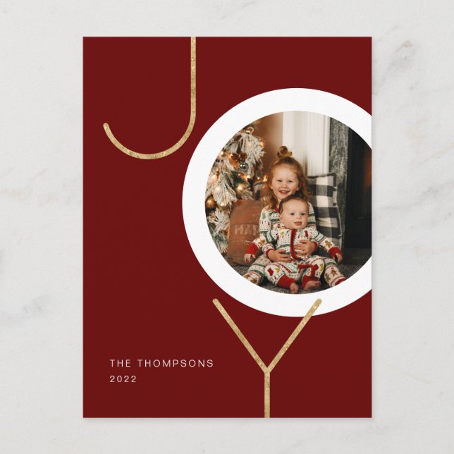 Minimalist Red Glitter Gold JOY Photo Holiday Postcard (Front)