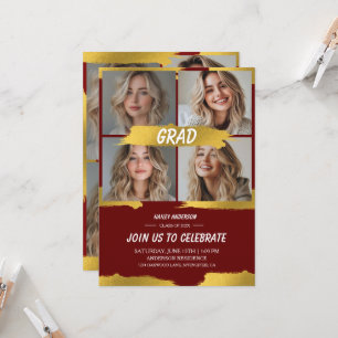 Minimalist Red Gold 4Photo Graduation Party Invitation