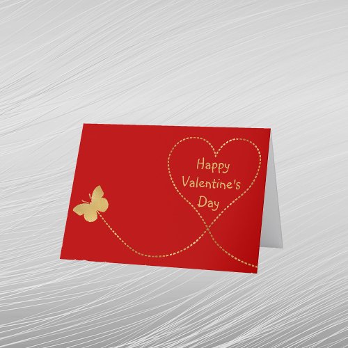 Minimalist Red Gold Heart Butterfly Valentine  Holiday Card