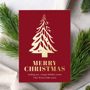 Minimalist Red Gold Tree Merry Christmas Foil Holiday Card