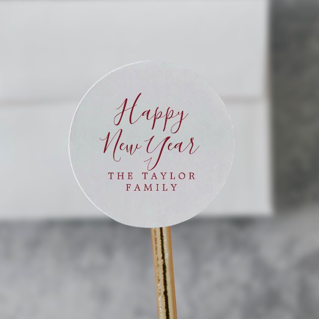 Minimalist Red Happy New Year Holiday Gift Classic Round Sticker (Creator Uploaded)