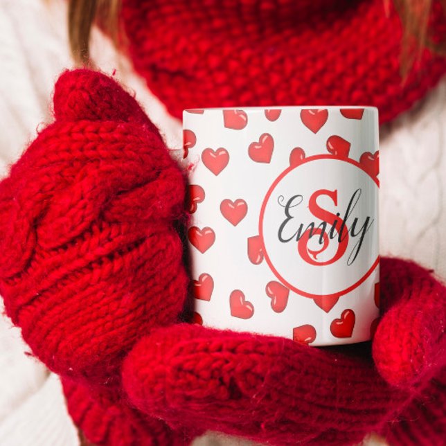Minimalist Red Heart & Pink | Blue Flower Monogram Coffee Mug (Creator Uploaded)