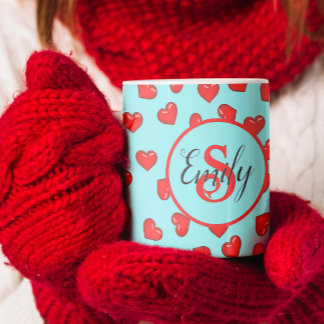 Minimalist Red Hearts on Pastel Blue Custom Name Coffee Mug