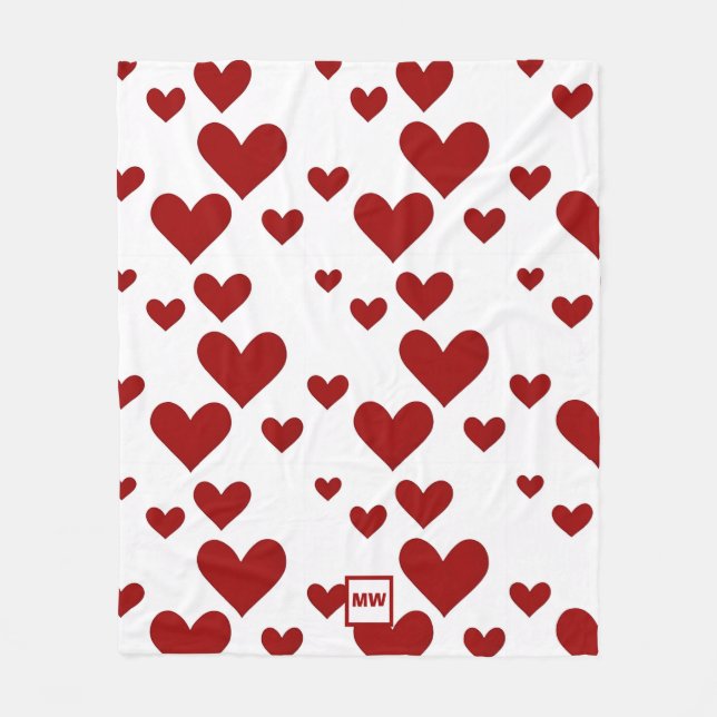 Minimalist, red hearts, white background monogram fleece blanket (Front)