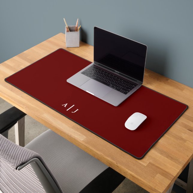 Minimalist Red Maroon Two Monogram Office Desk Mat (Office 2)