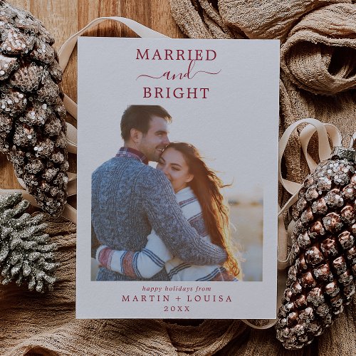 Minimalist Red Married and Bright Newlywed Photo Holiday Card