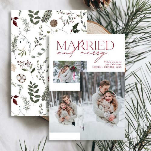 Minimalist Red Married and Merry Newlywed Photo Holiday Card