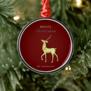Minimalist Red Merry Christmas Gold Reindeer Metal Ornament