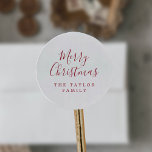 Minimalist Red Merry Christmas Holiday Gift Classic Round Sticker<br><div class="desc">These minimalist red Merry Christmas holiday gift stickers are perfect for a simple holiday present or holiday card. The design features classic red and white typography paired with a rustic yet elegant script font with hand lettered style. Personalize the stickers with your name.</div>