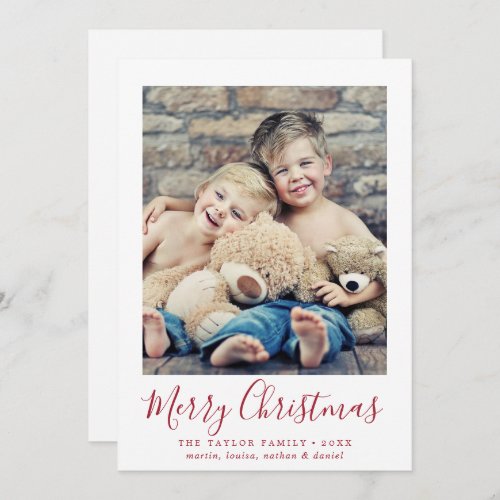 Minimalist Red Merry Christmas Portrait Photo Holiday Card