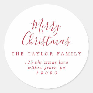 Minimalist Red Merry Christmas Return Address Classic Round Sticker