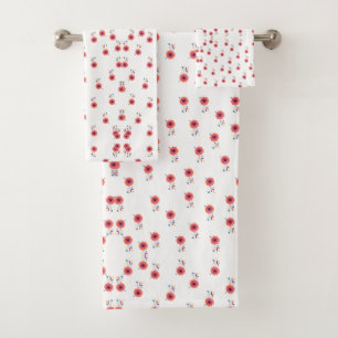 Minimalist Red & Navy Scandi Floral Pattern Bath Towel Set