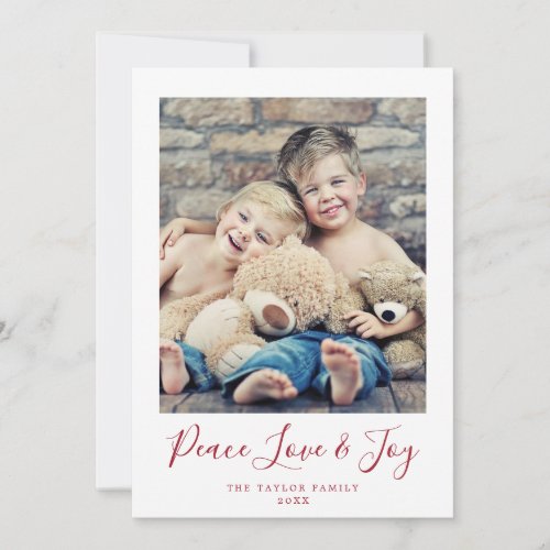 Minimalist Red Peace Love and Joy Portrait Photo Holiday Card