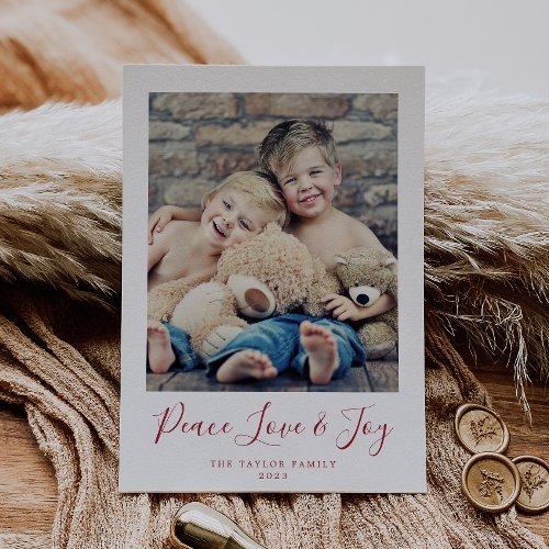 Minimalist Red Peace Love and Joy Portrait Photo Holiday Card