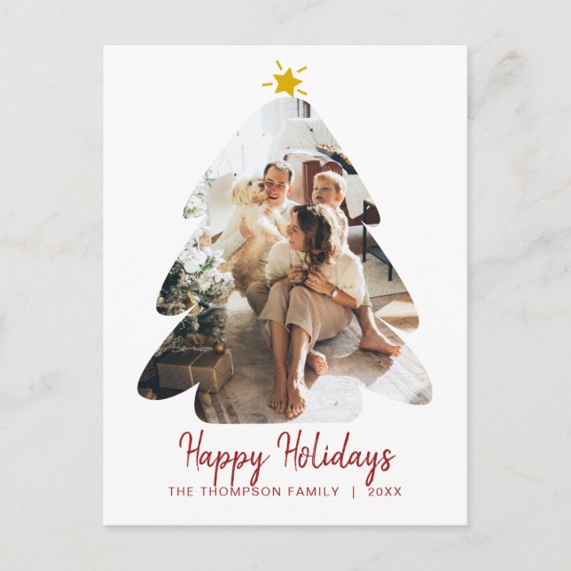 Minimalist Red Photo Christmas Tree Happy Holidays Postcard (Front)