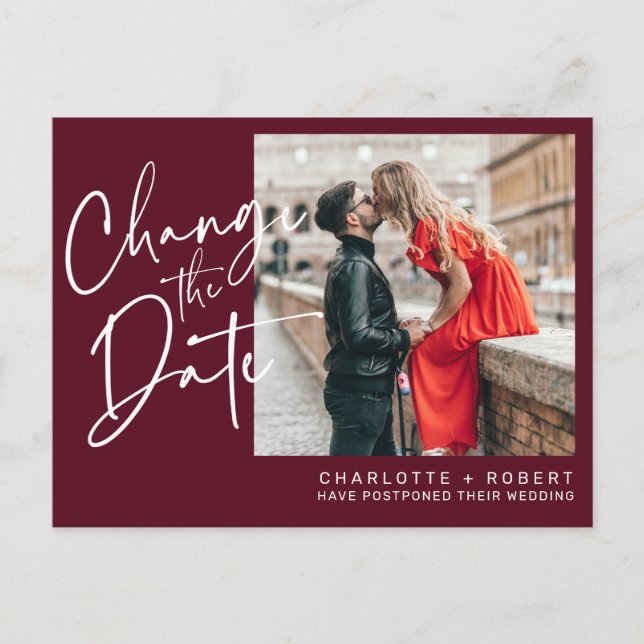 Minimalist red photo wedding change the date announcement postcard (Front)