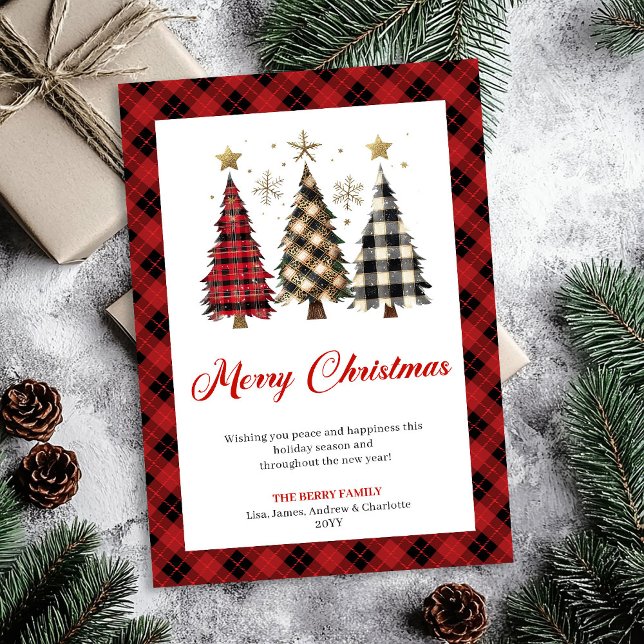 Minimalist Red Plaid Christmas Tree Holiday  (Minimalist Red Plaid Christmas Tree Holiday Greeting)