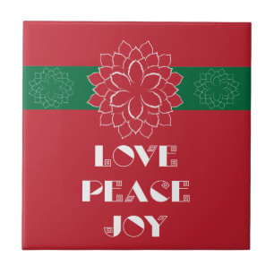 Minimalist Red Poinsettia with Love, Peace, Joy Ceramic Tile