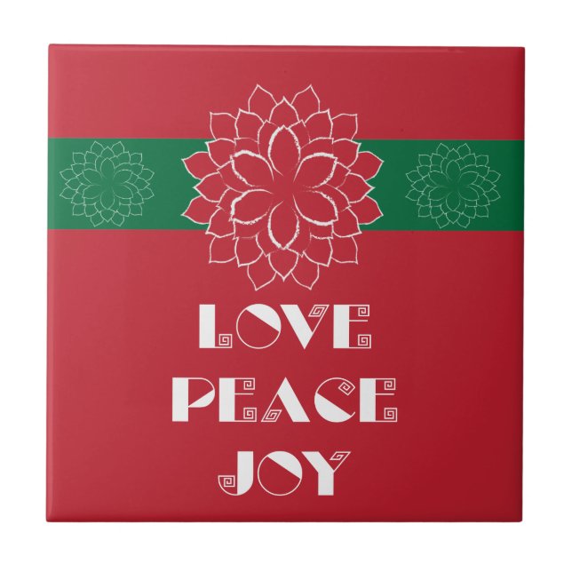 Minimalist Red Poinsettia with Love, Peace, Joy Ceramic Tile (Front)