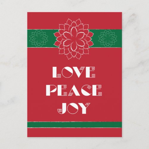 Minimalist Red Poinsettia with Love Peace Joy Holiday Postcard