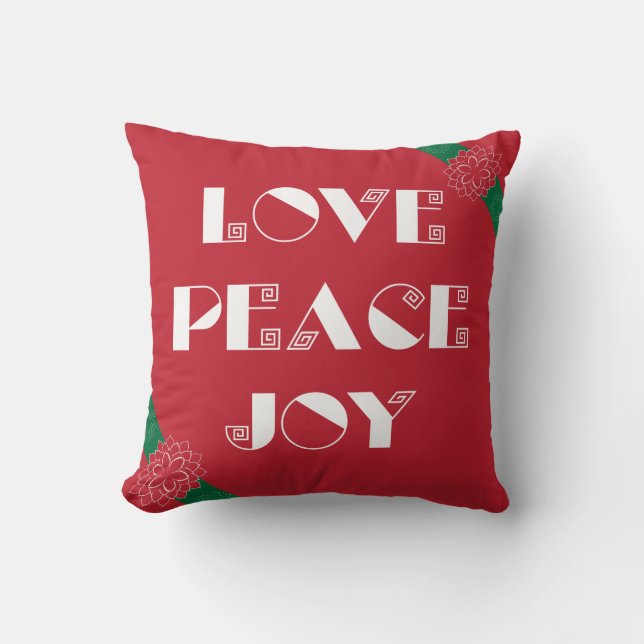 Minimalist Red Poinsettia with Love, Peace, Joy Throw Pillow (Front)
