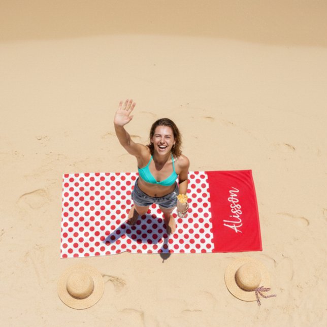 Minimalist Red Polka Dots Pattern Custom Name Beach Towel (Creator Uploaded)