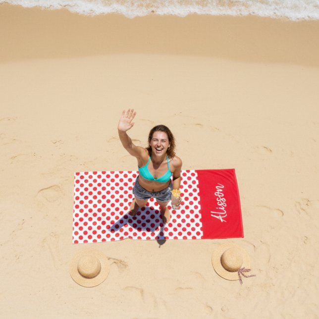 Minimalist Red Polka Dots Pattern Custom Name Beach Towel (Creator Uploaded)