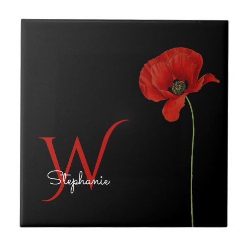 Minimalist Red Poppy with Initial on Black Ceramic Tile