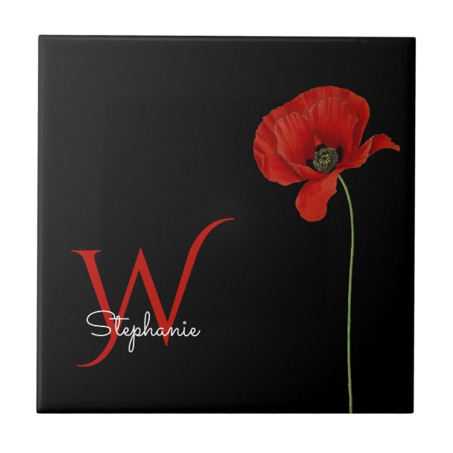Minimalist Red Poppy with Initial on Black Ceramic Tile (Front)
